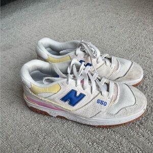 New Balance 550 White Sneakers with Blue and Yellow Accents
